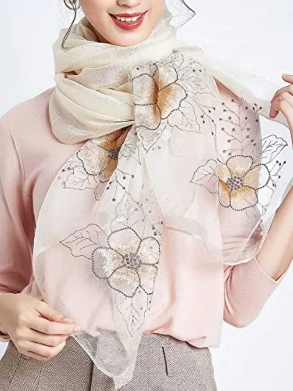 Mulberry Silk Blend Long Embroidered Floral Scarf Shawl Wrap Neckerchief